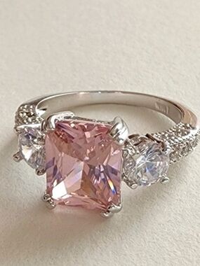 10KT White Gold Plated CZ and Pink Sapphire Ring Size 7